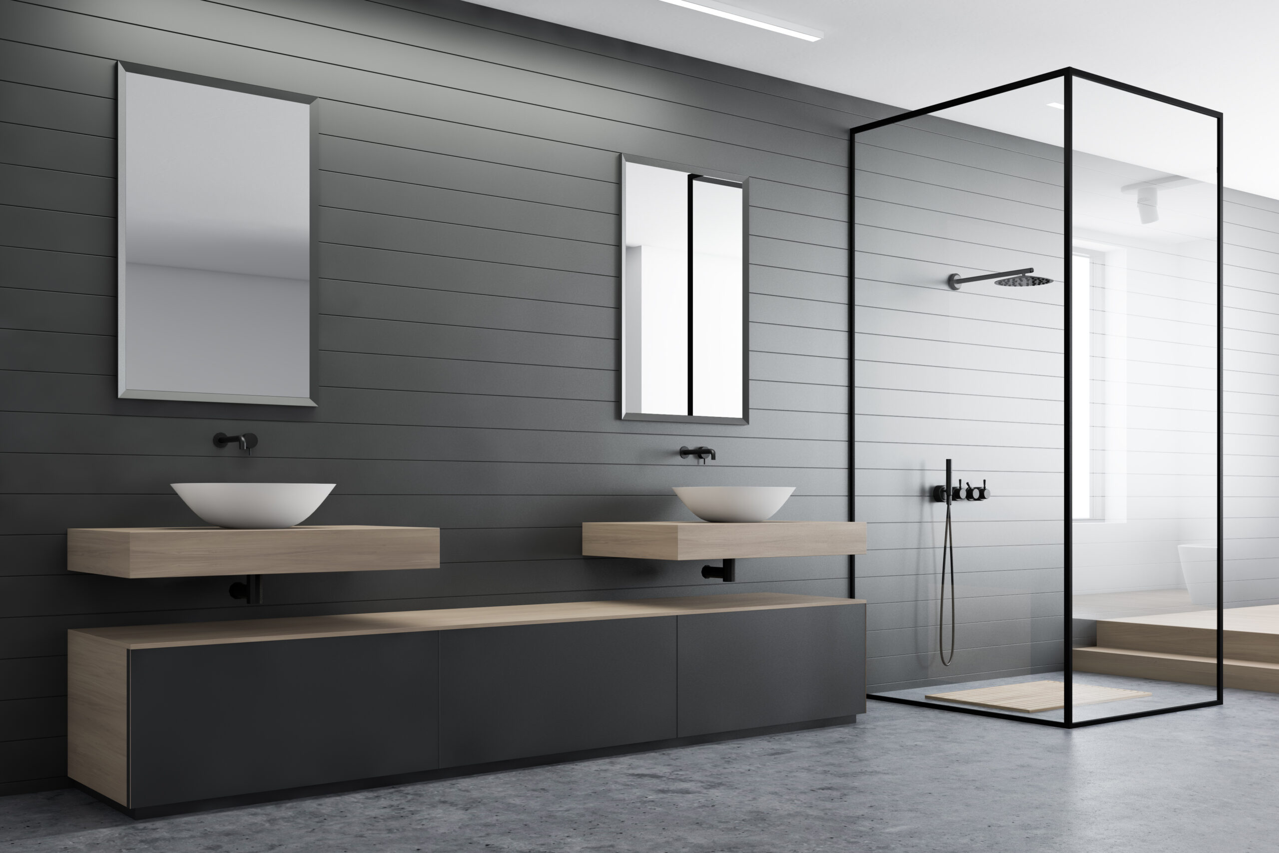 Corner,Of,Modern,Bathroom,With,Gray,Walls,,Concrete,Floor,,Double Newly renovated bathroom